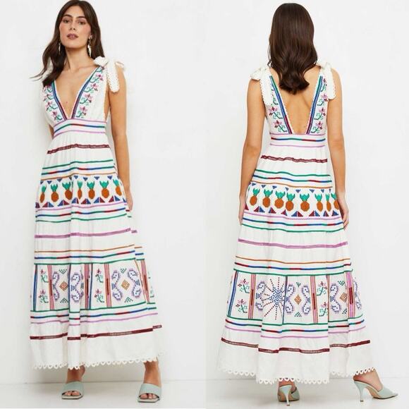 Farm Rio Embroidered tiered maxi dress Linen Blend Sz M Coastal Boho Chic Artsy - Picture 9 of 13